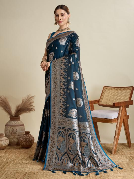 Teal Blue Satin Silk Saree