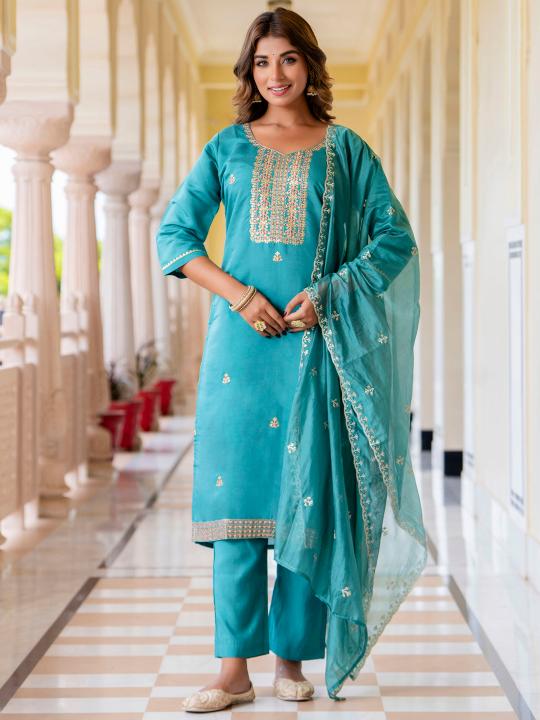 Teal Blue Silk Blend Readymade Suits