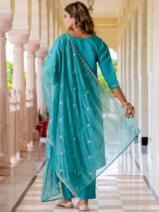 Teal Blue Silk Blend Readymade Suits — alternate view
