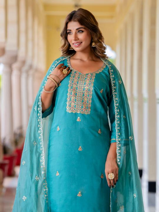 Teal Blue Silk Blend Readymade Suits