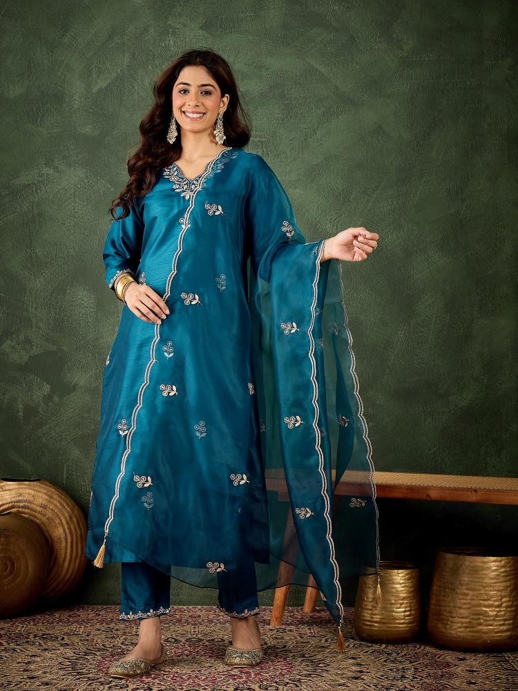Teal Blue Silk Blend Salwar Suit