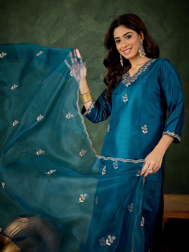 Teal Blue Silk Blend Salwar Suit