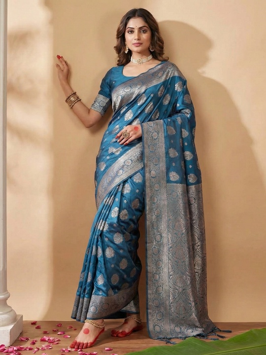Teal Blue Silk Blend Woven Designer Saree
