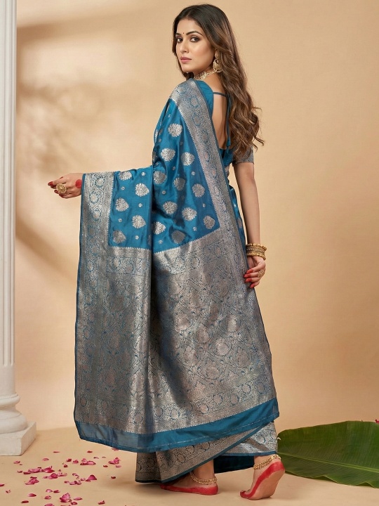 Teal Blue Silk Blend Woven Designer Saree — alternate view