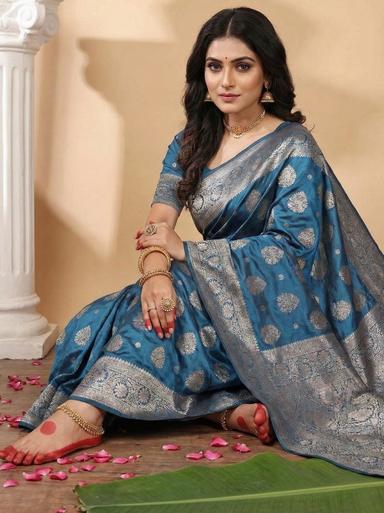Teal Blue Silk Blend Woven Designer Saree