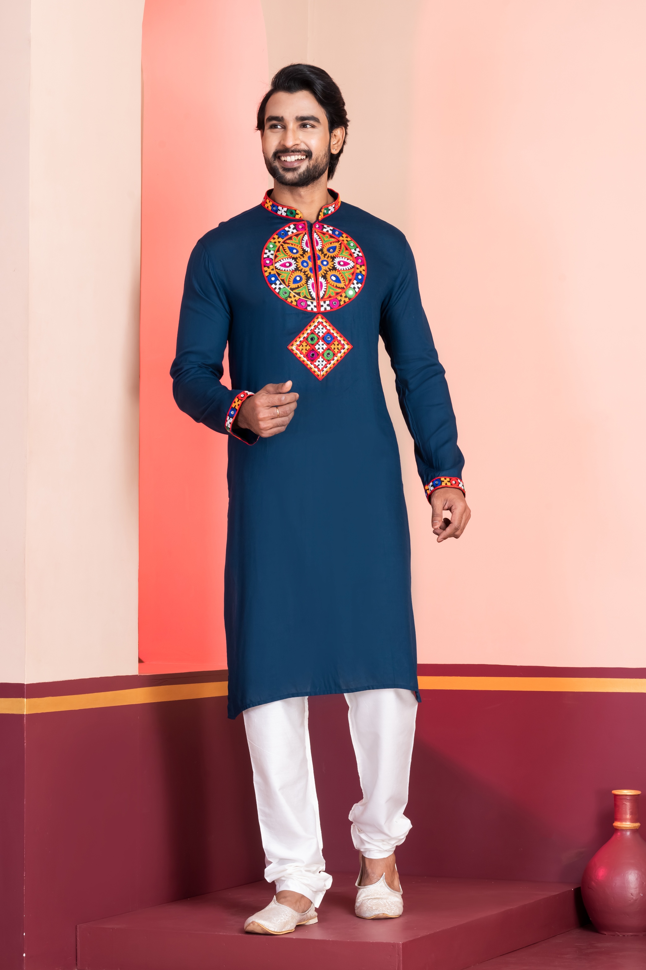 Teal Blue Solid Embroidered Kurta Pyjama