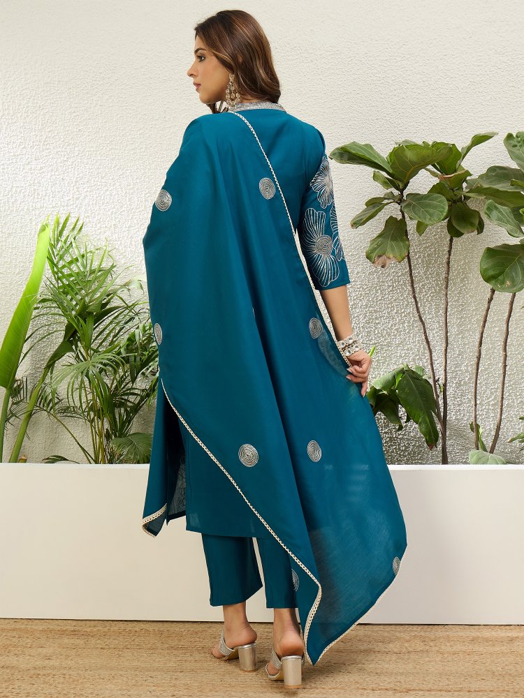 Teal Blue Solid Embroidered Roman Silk Straight Suit — alternate view