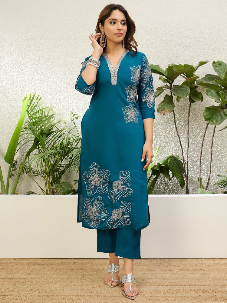 Teal Blue Solid Embroidered Roman Silk Straight Suit
