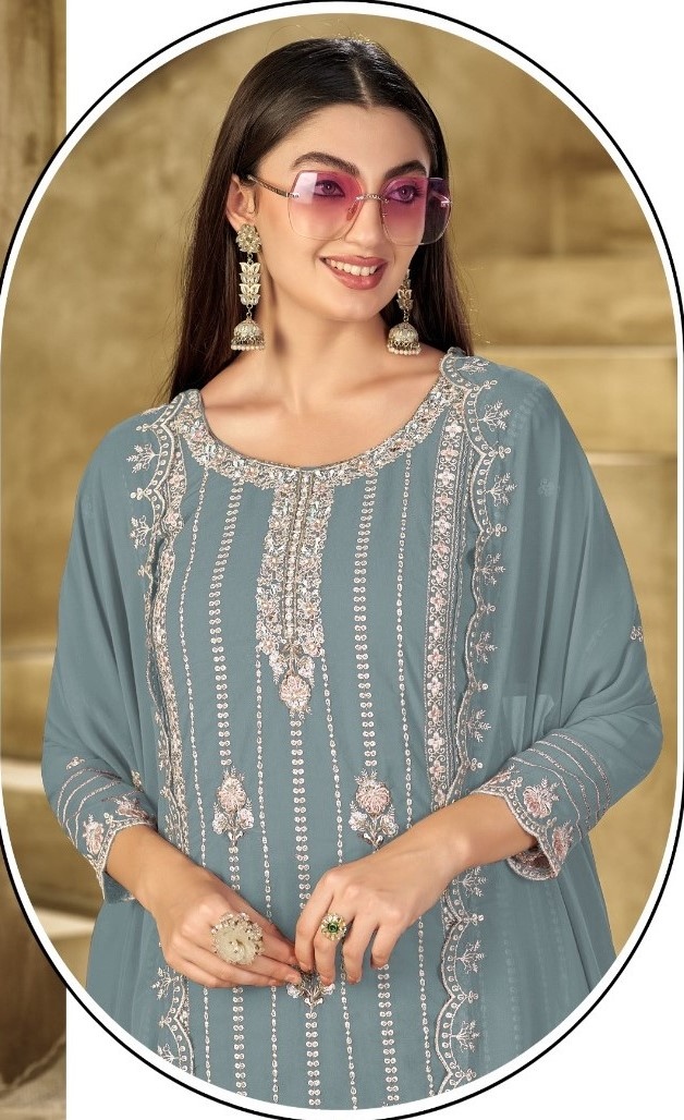 Teal Blue Stripe Designer Embroidery Georgette Straight Suit — alternate view