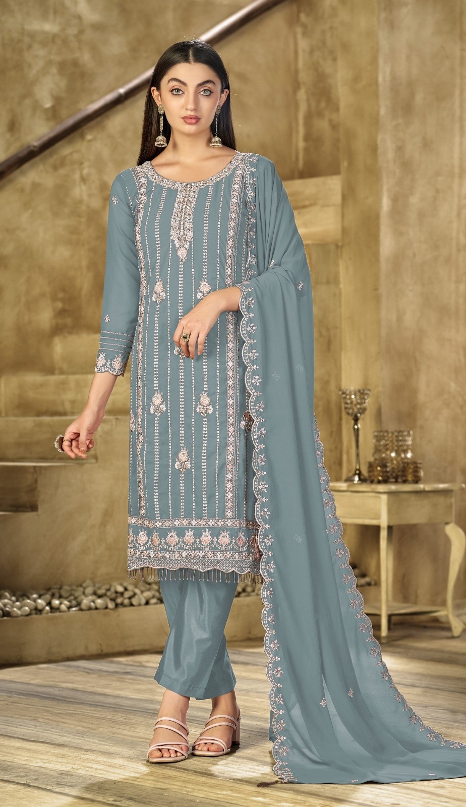 Teal Blue Stripe Designer Embroidery Georgette Straight Suit