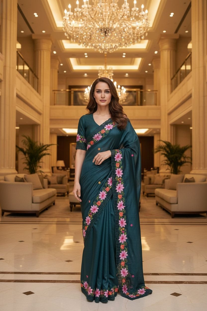 Teal Blue Thread Sequins Manipuri Silk Saree