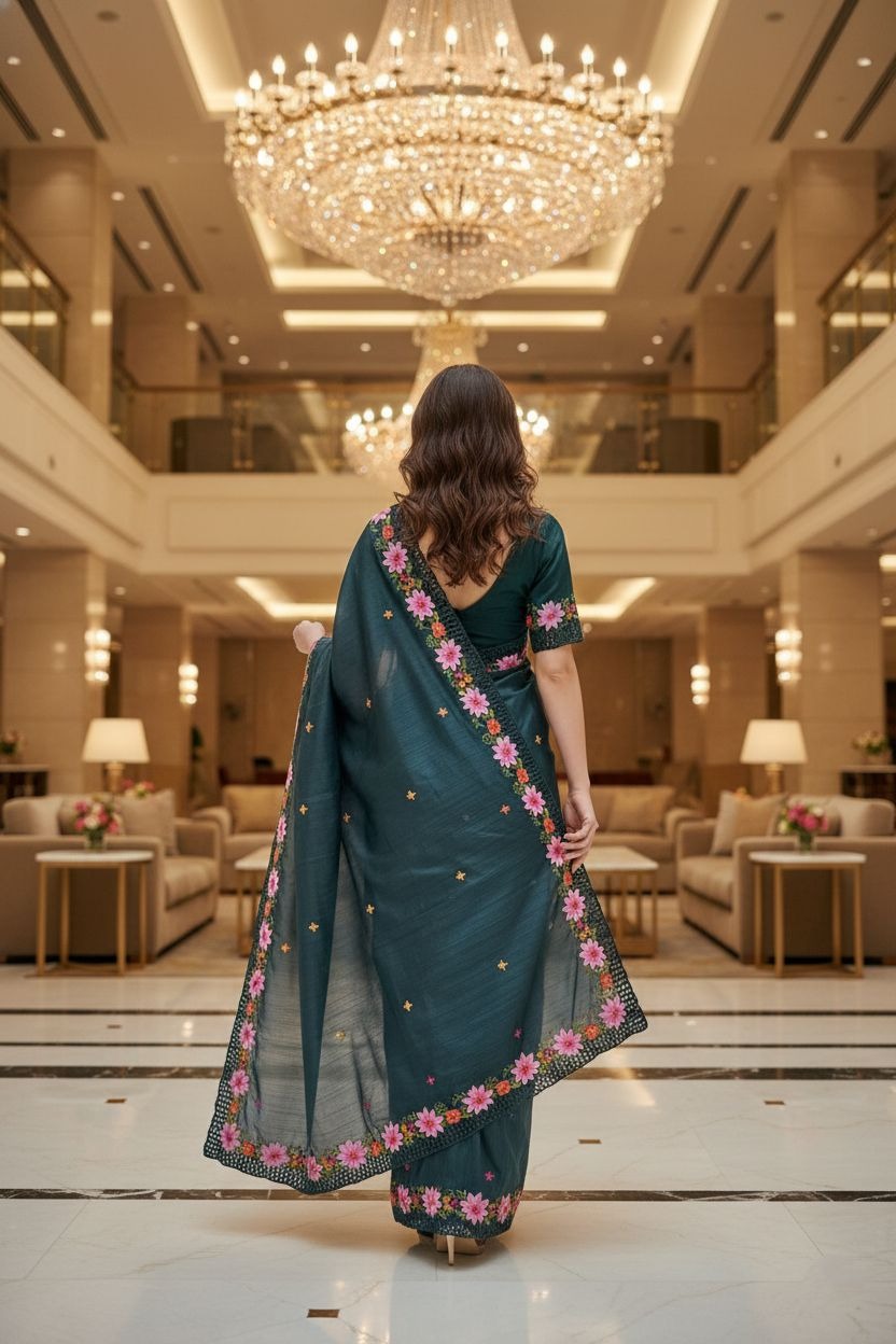 Teal Blue Thread Sequins Manipuri Silk Saree — alternate view