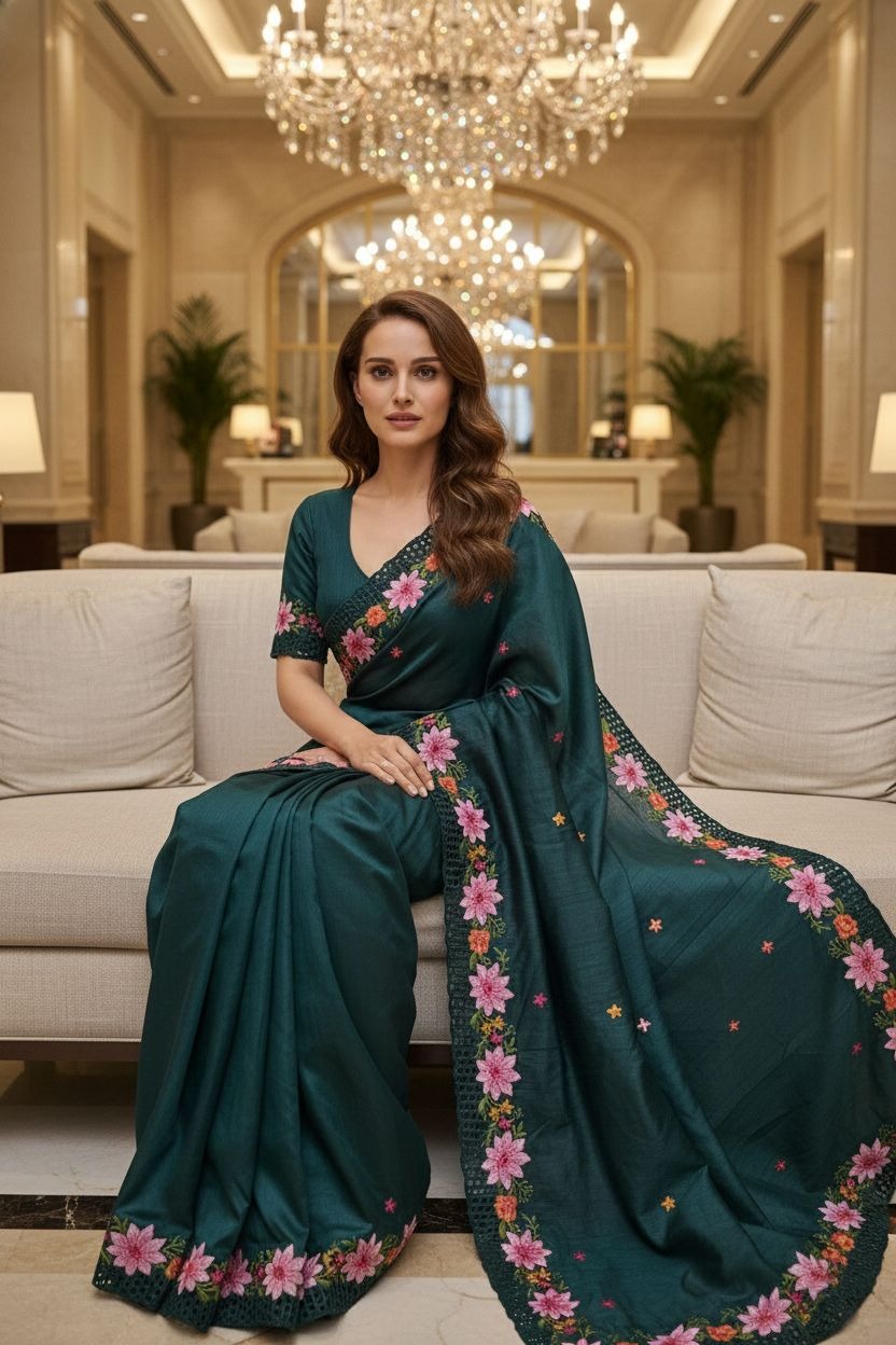 Teal Blue Thread Sequins Manipuri Silk Saree
