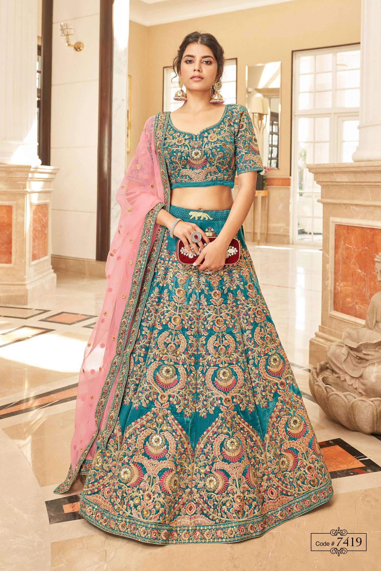Teal Blue Velvet Lehenga Choli
