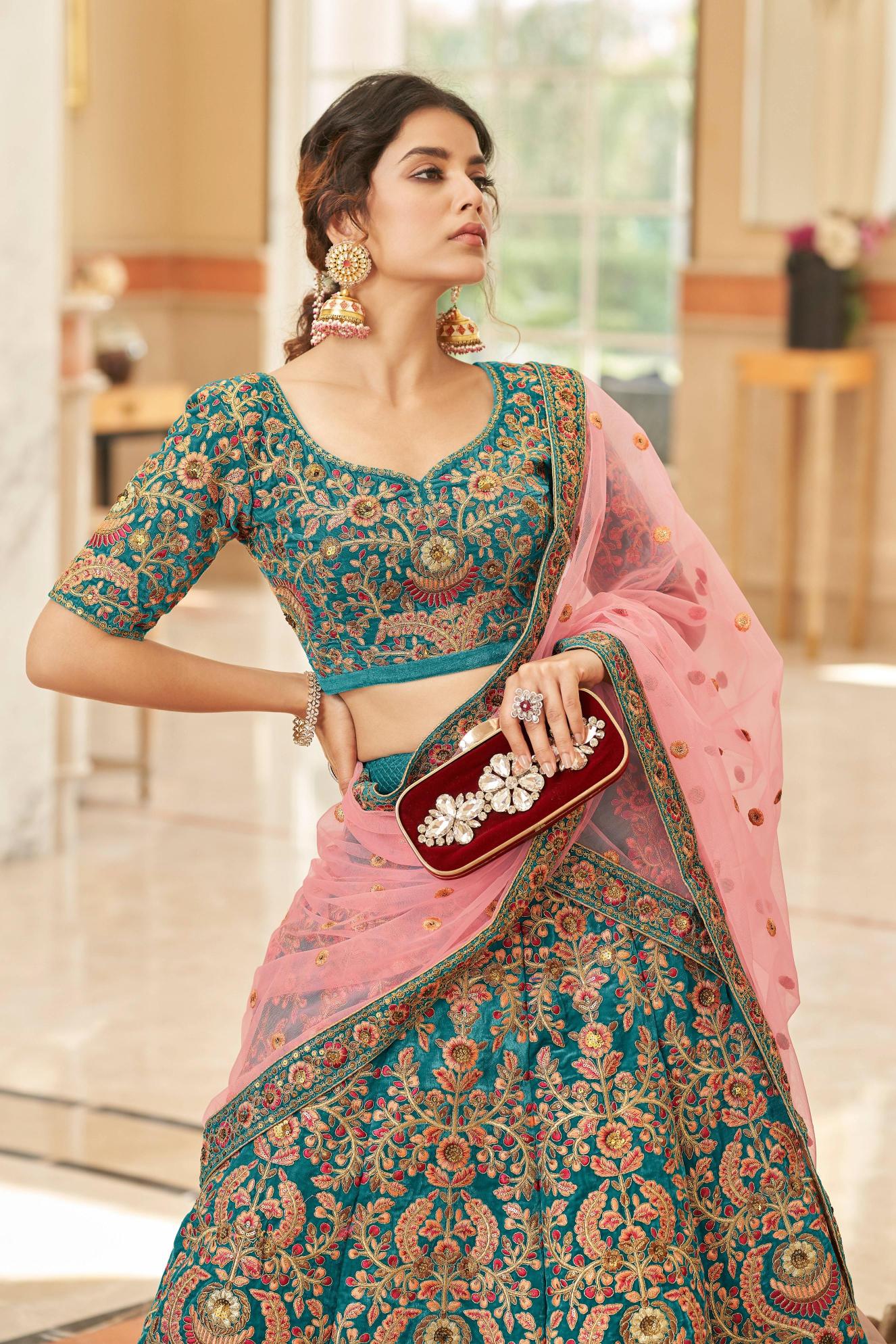 Teal Blue Velvet Lehenga Choli