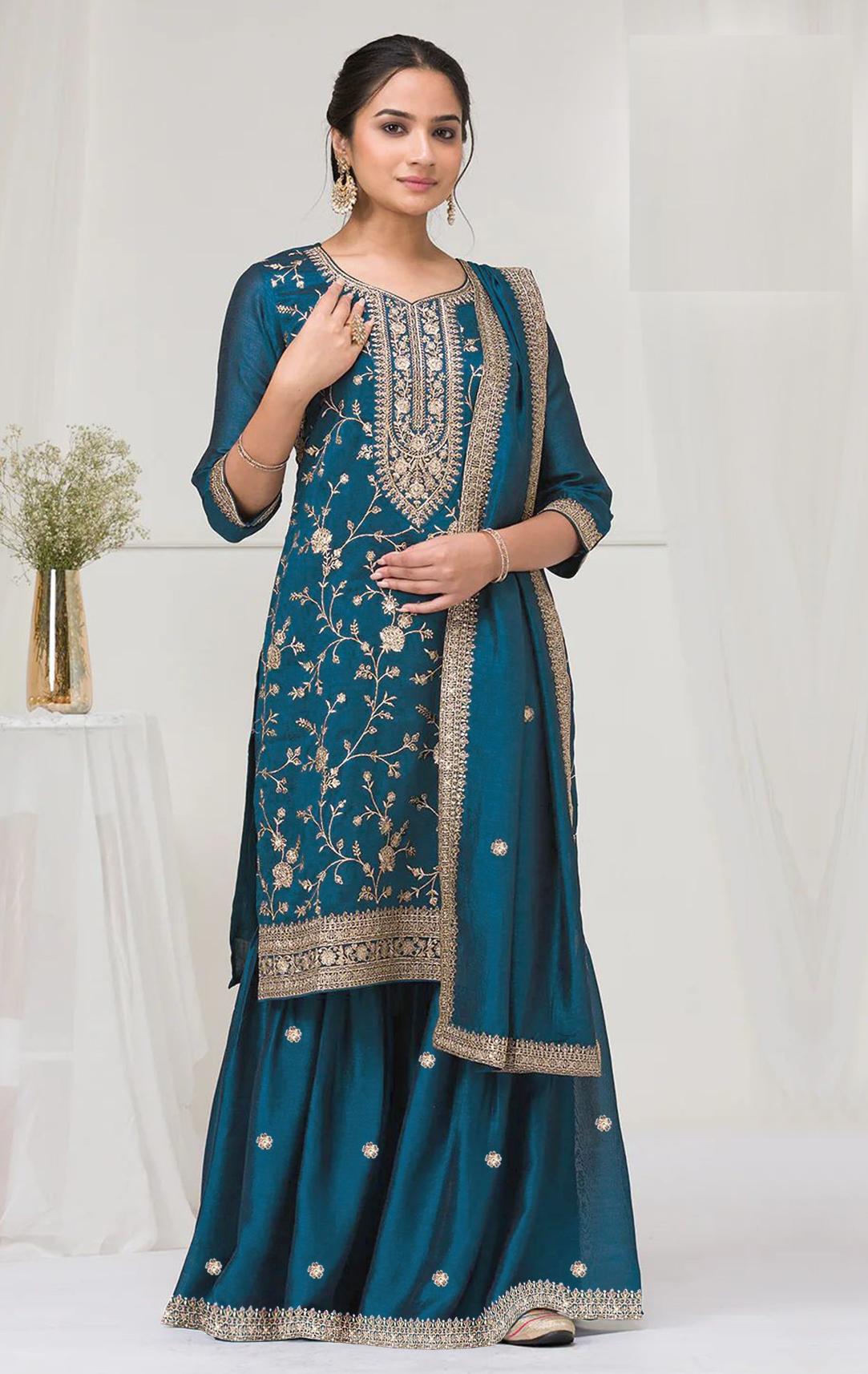 Teal Blue Vichitra Silk Suit