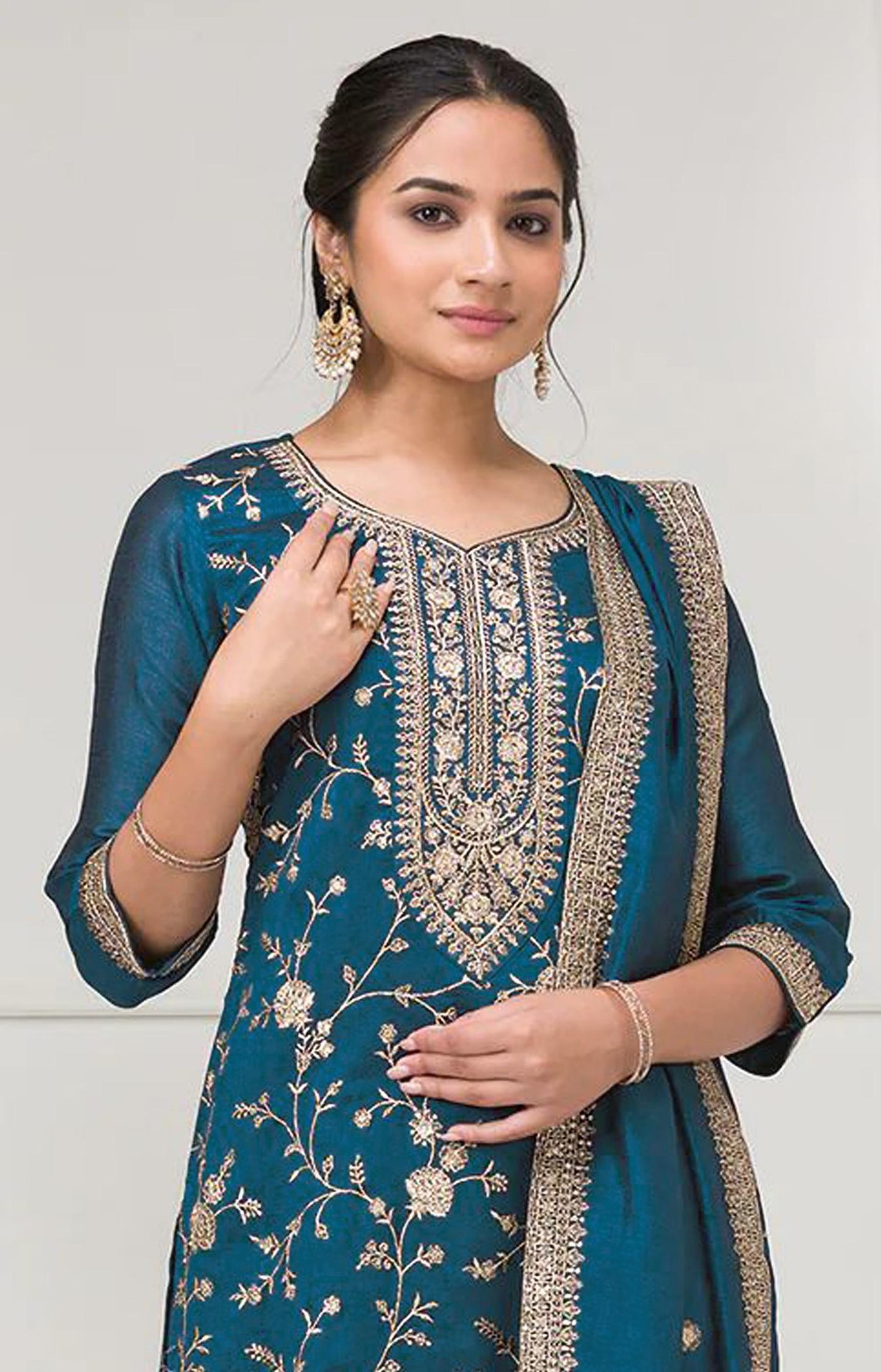 Teal Blue Vichitra Silk Suit — alternate view