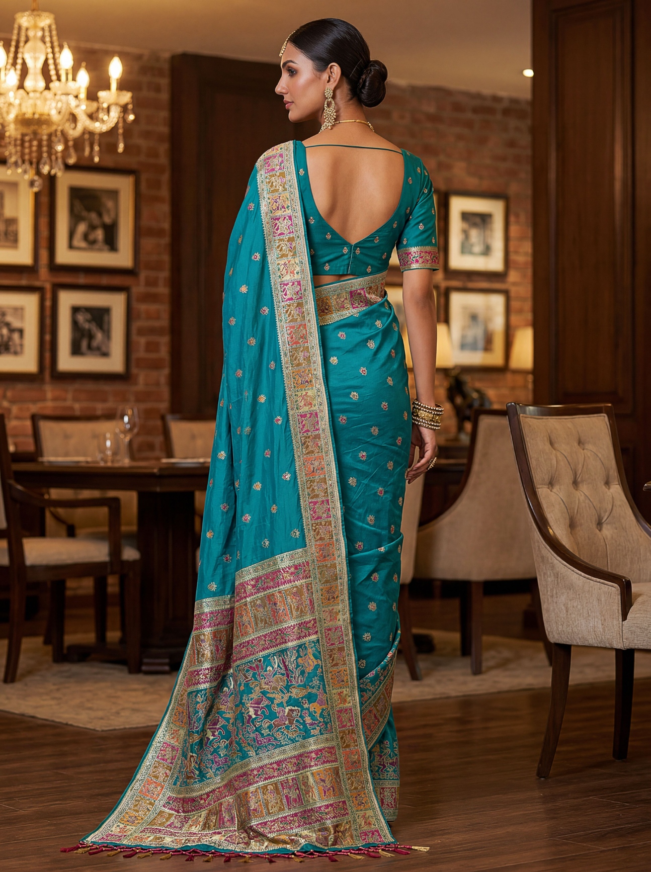 Teal Blue Virana Silk Wedding Saree — alternate view