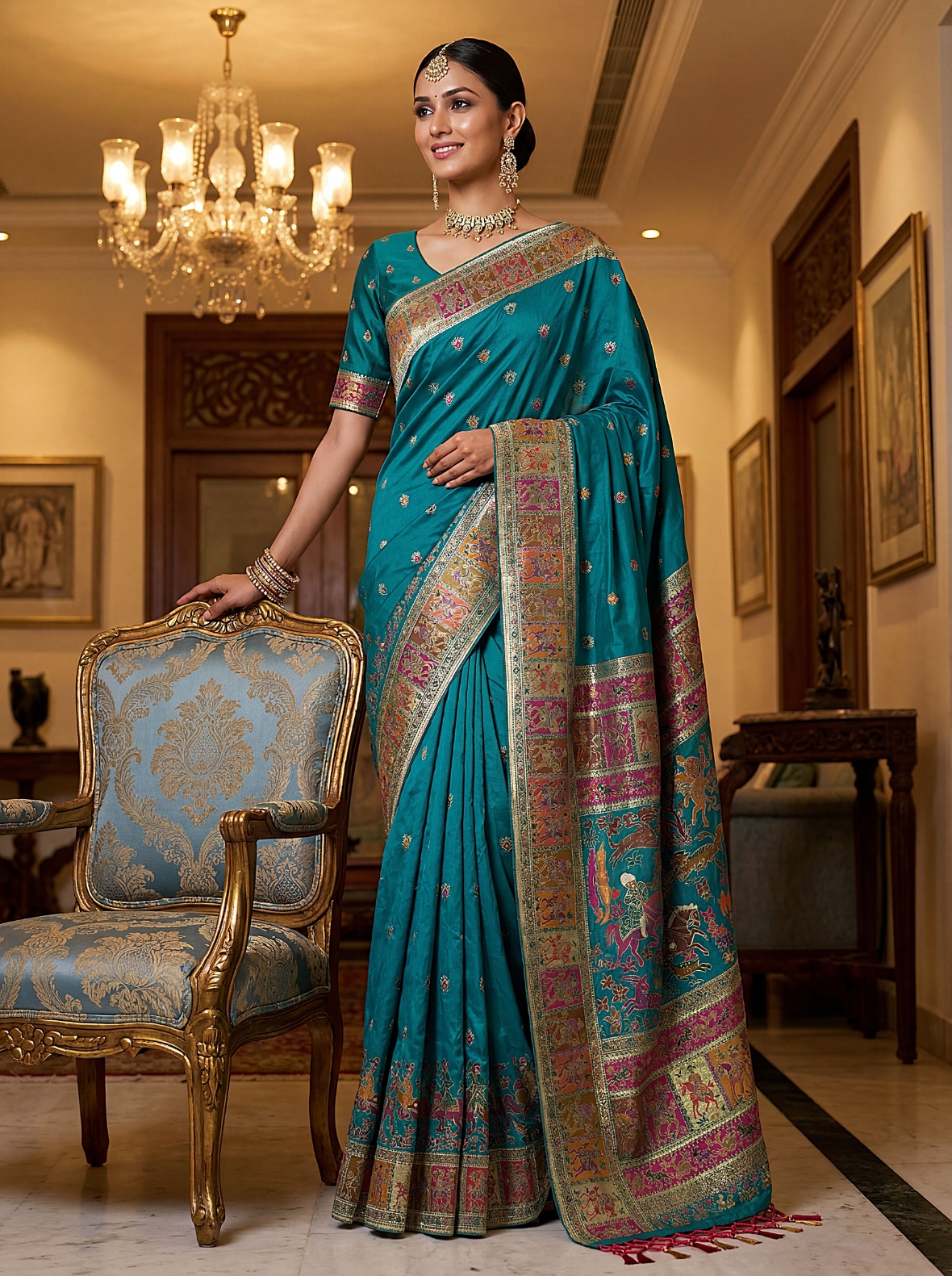 Teal Blue Virana Silk Wedding Saree