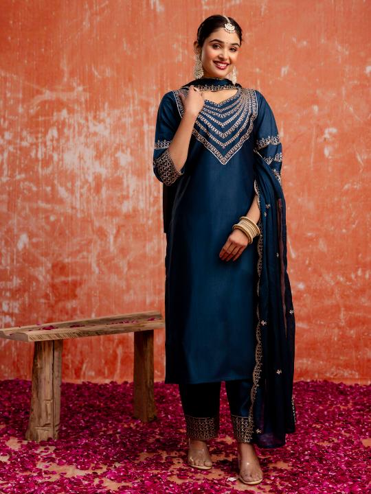 Teal Blue Viscose Rayon Readymade Suit with dupatta