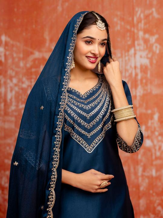Teal Blue Viscose Rayon Readymade Suit with dupatta