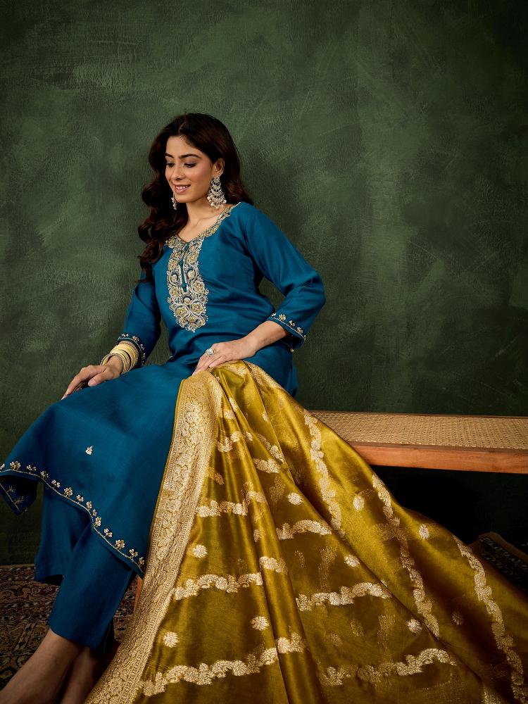 Teal Blue Viscose Rayon Salwar Suit