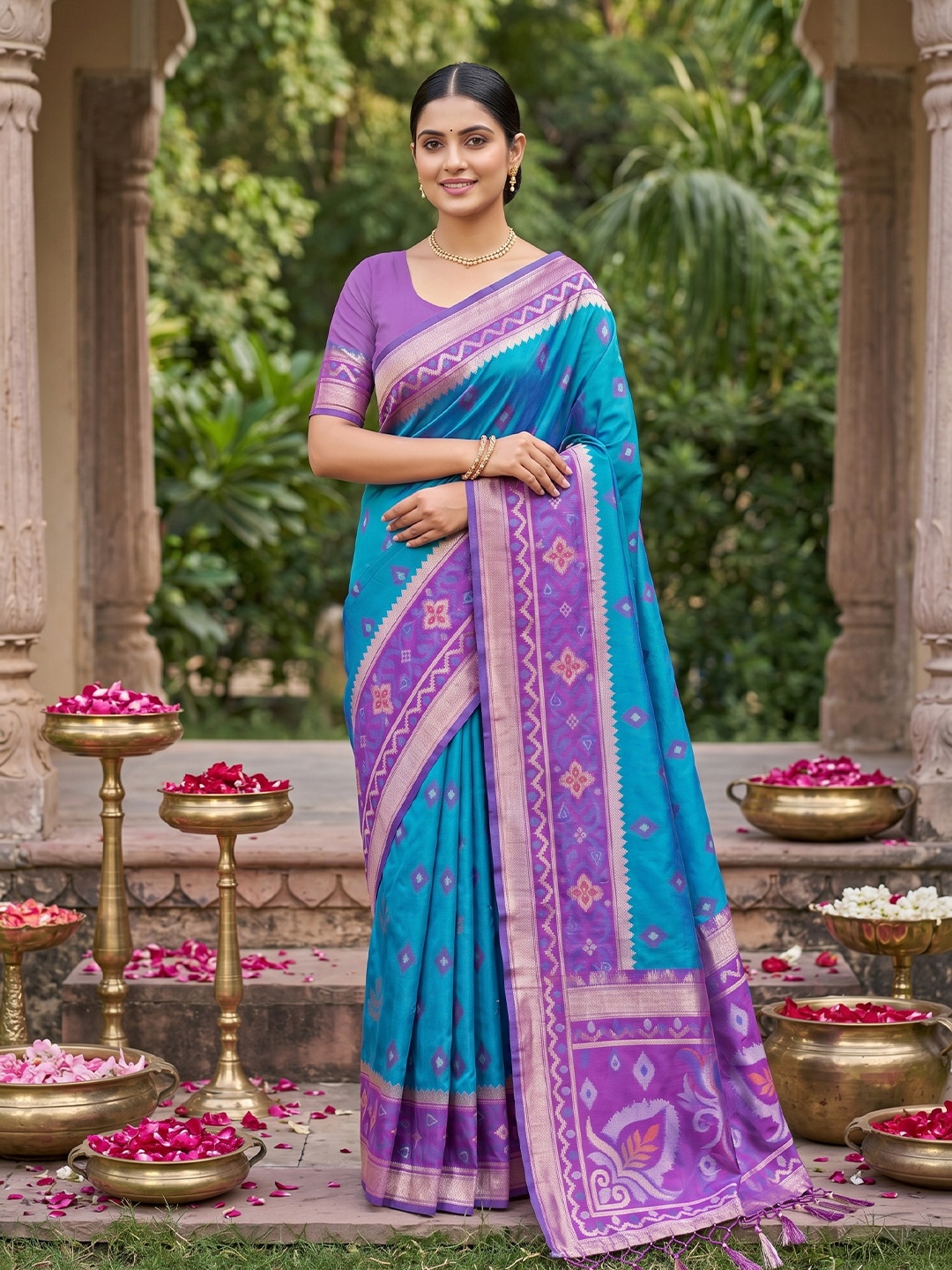 Teal Blue Woven Designer Soft Silk Saree