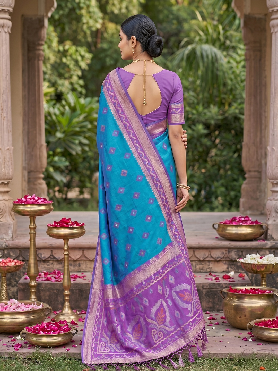 Teal Blue Woven Designer Soft Silk Saree — alternate view