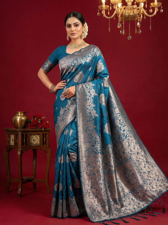 Teal Blue Woven Jari Silk Blend Designer Saree