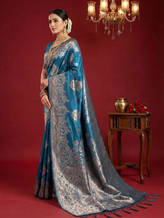 Teal Blue Woven Jari Silk Blend Designer Saree — alternate view
