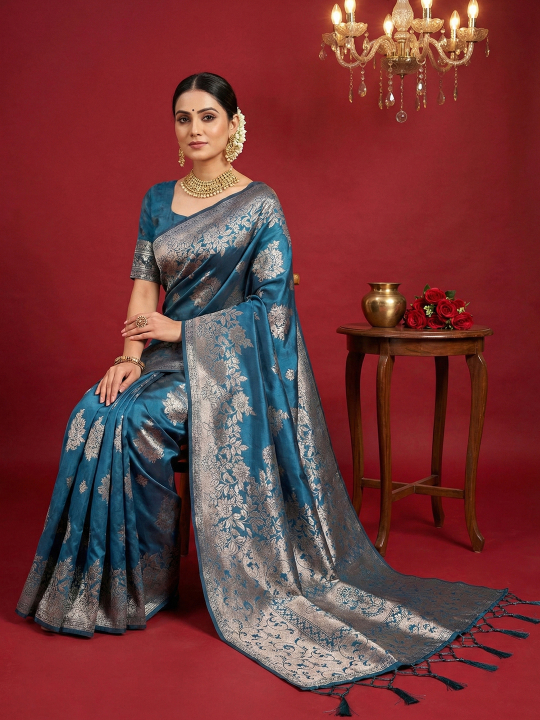 Teal Blue Woven Jari Silk Blend Designer Saree