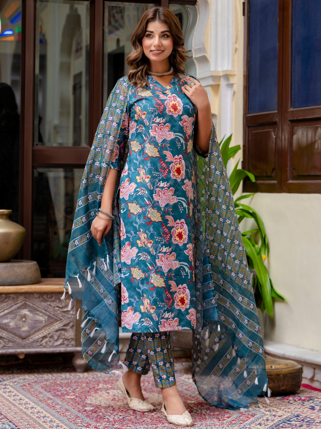 Teal Boat Neck Botanical Cotton Suit Ensemble