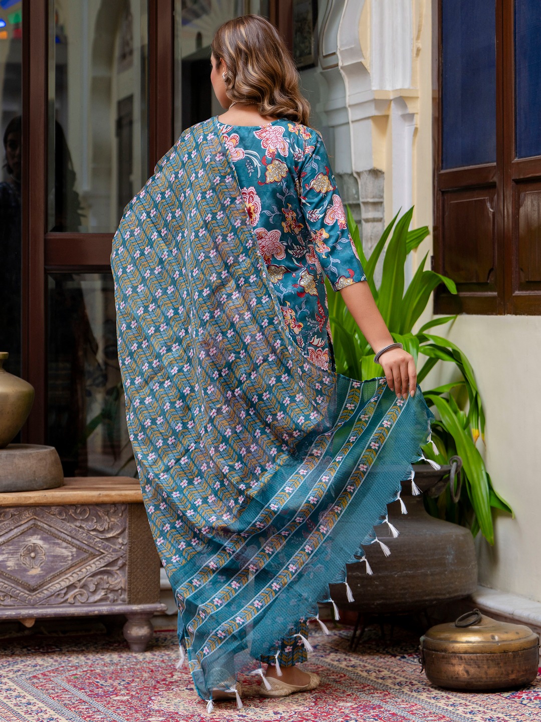 Teal Boat Neck Botanical Cotton Suit Ensemble — alternate view