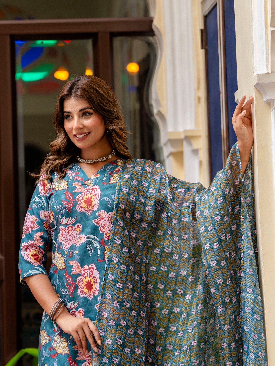 Teal Boat Neck Botanical Cotton Suit Ensemble