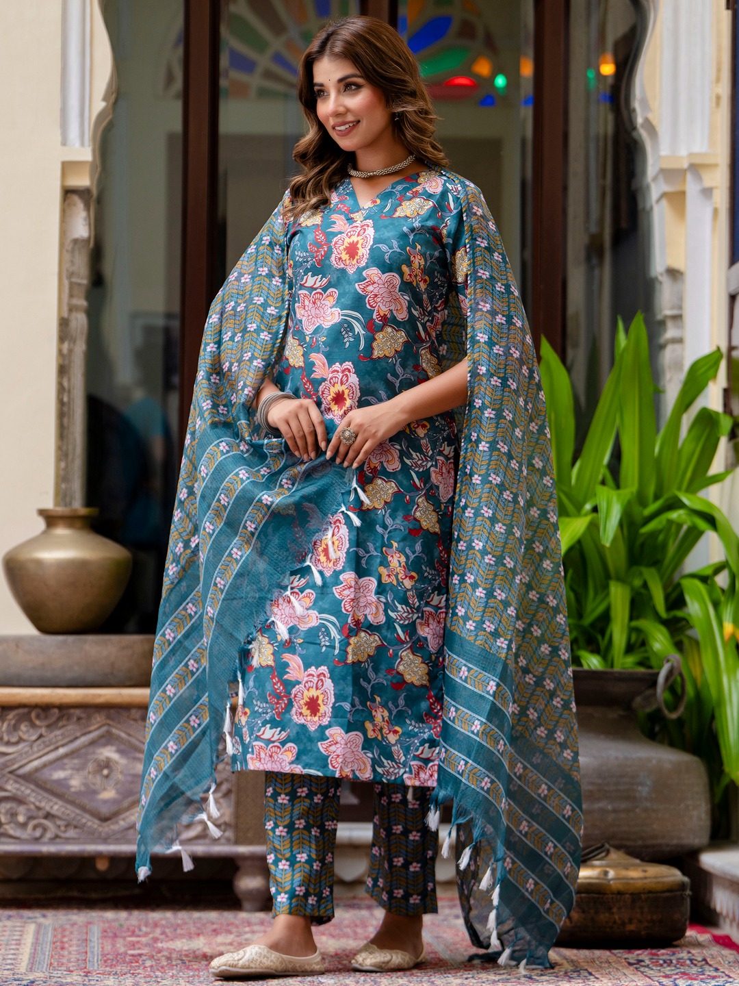 Teal Boat Neck Botanical Cotton Suit Ensemble