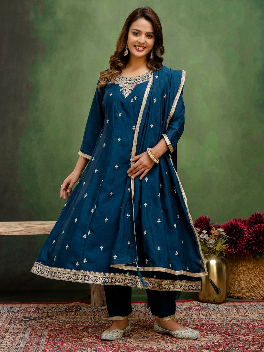 Teal Buti Pattern Silk Traditional Salwar Suit