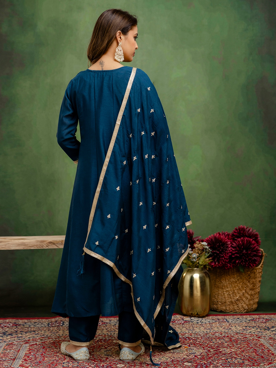 Teal Buti Pattern Silk Traditional Salwar Suit — alternate view