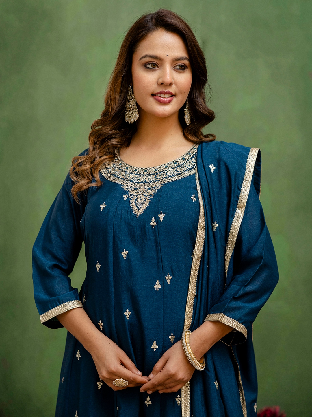 Teal Buti Pattern Silk Traditional Salwar Suit