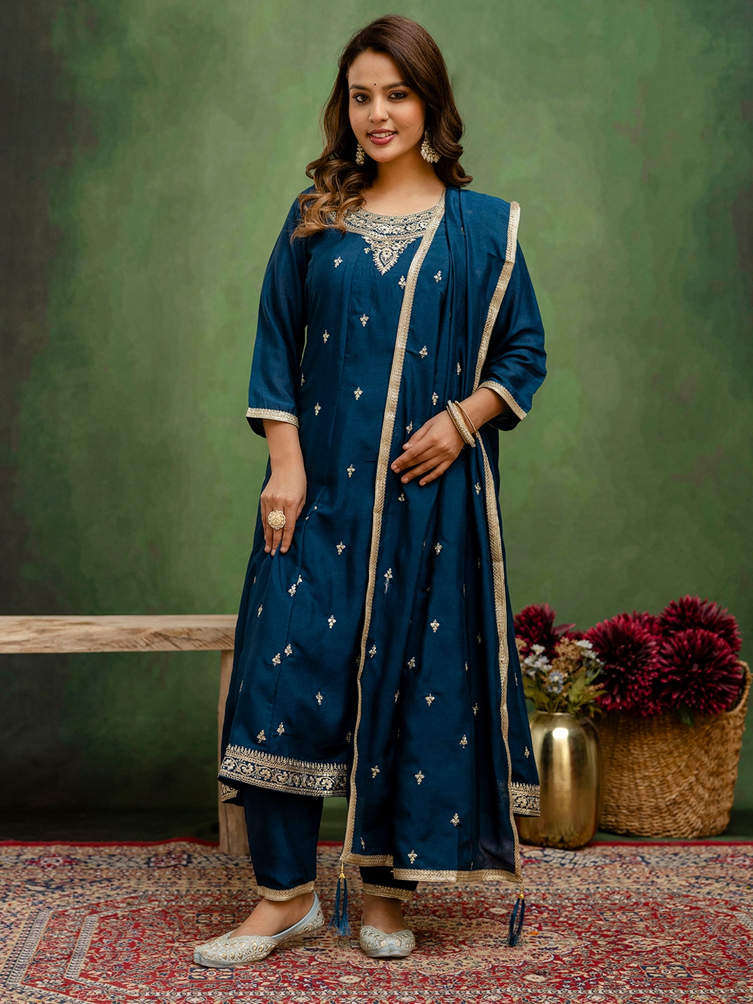 Teal Buti Pattern Silk Traditional Salwar Suit