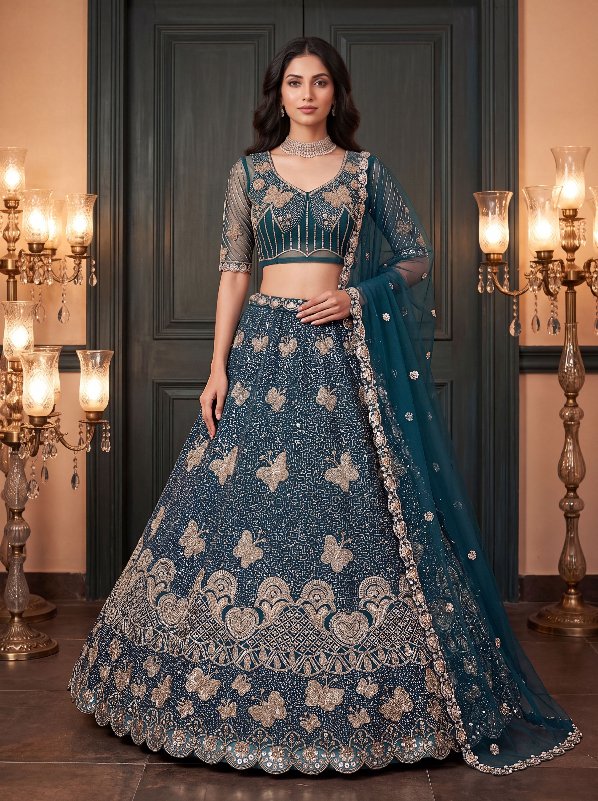 Teal Butterfly Embroidered Net Flared Lehenga Choli