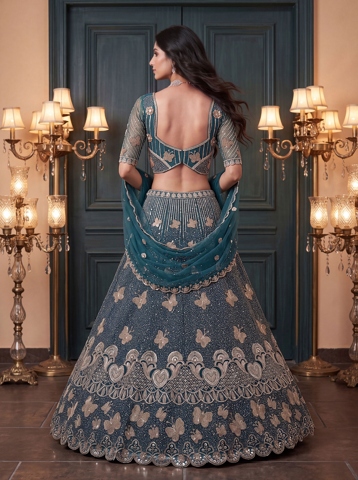 Teal Butterfly Embroidered Net Flared Lehenga Choli — alternate view