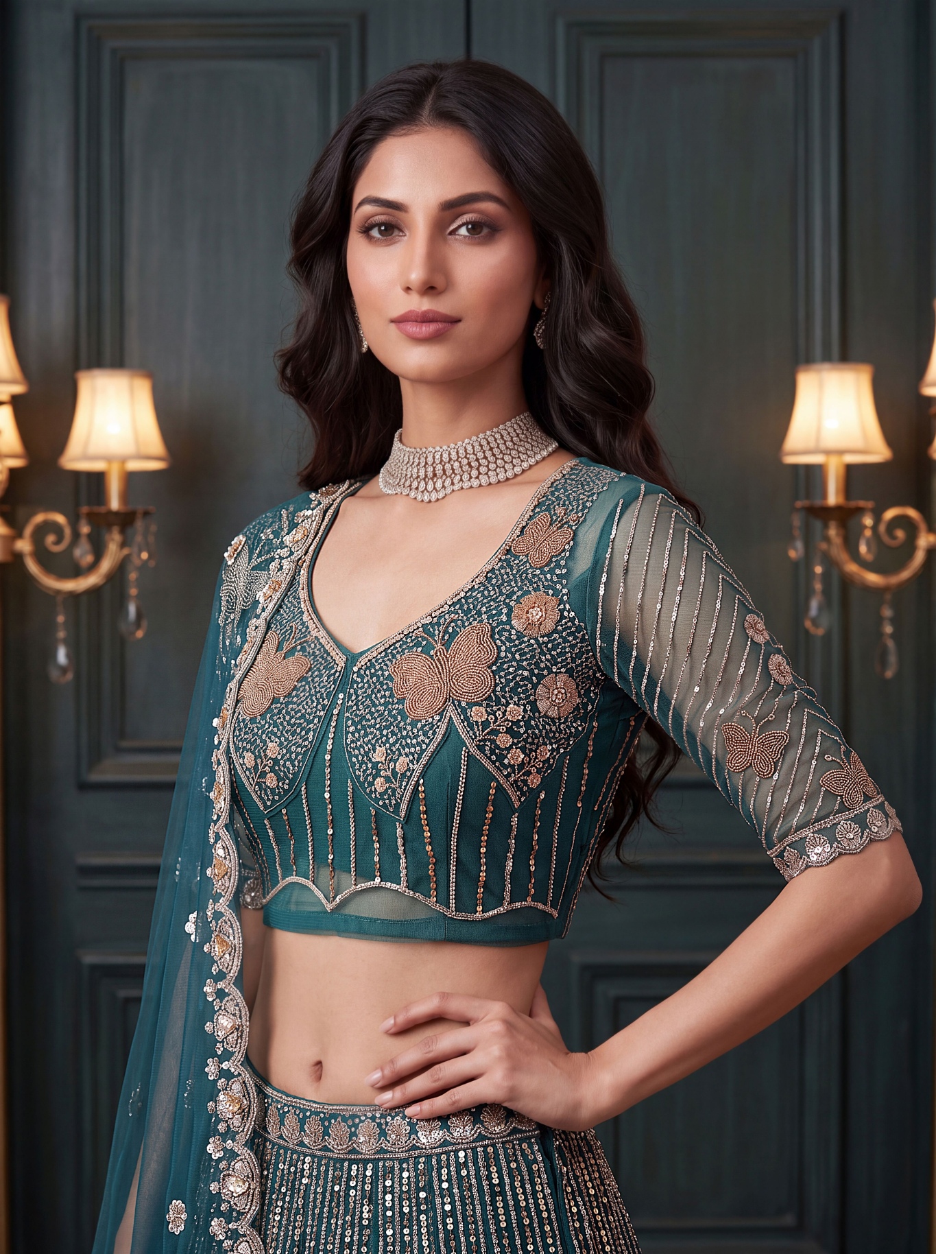 Teal Butterfly Embroidered Net Flared Lehenga Choli