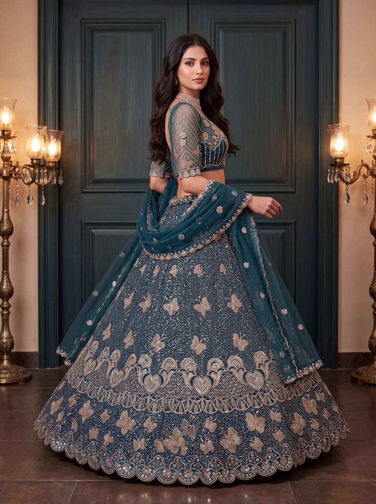 Teal Butterfly Embroidered Net Flared Lehenga Choli