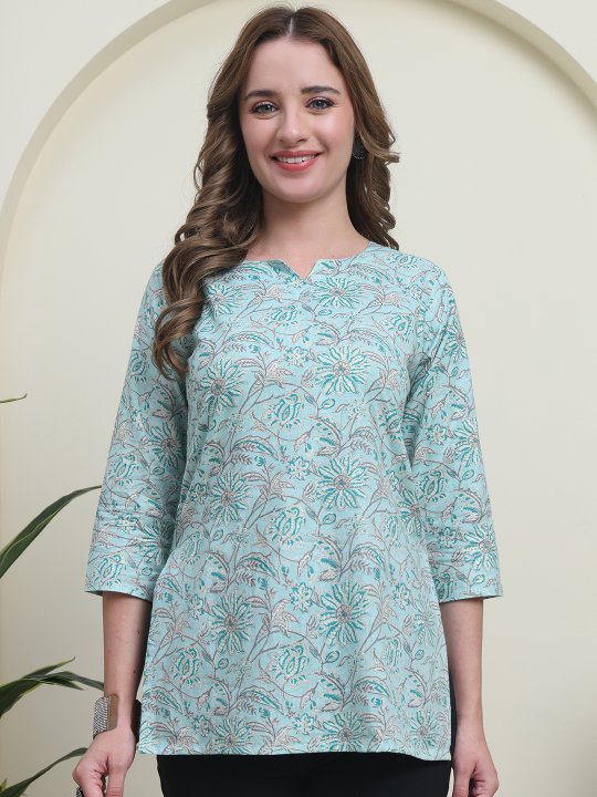 Teal Cambric Cotton Ethnic Floral Print Kurti