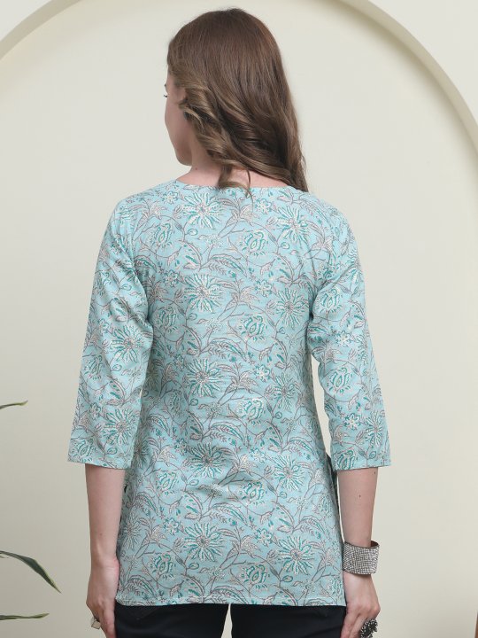 Teal Cambric Cotton Ethnic Floral Print Kurti — alternate view