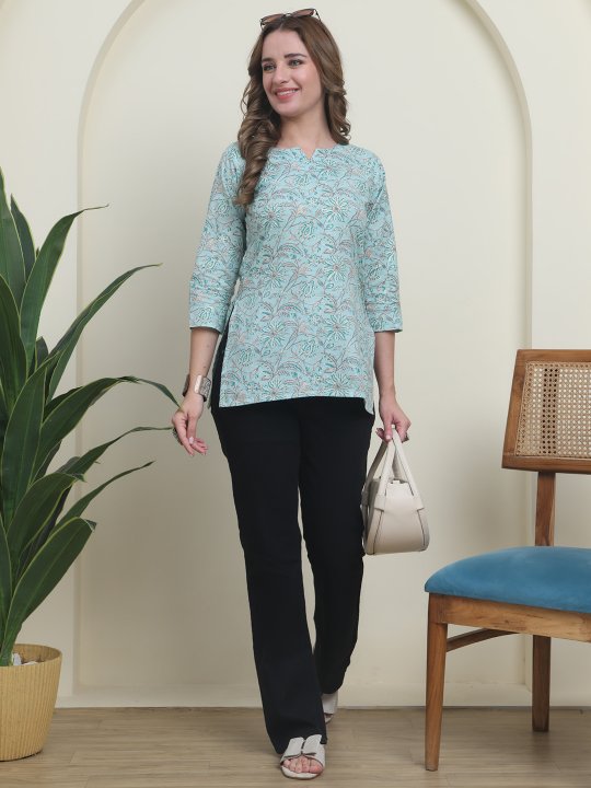 Teal Cambric Cotton Ethnic Floral Print Kurti