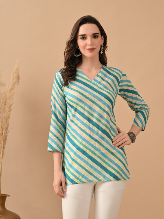 Teal Cambric Cotton Slanting Design Printed Kurti