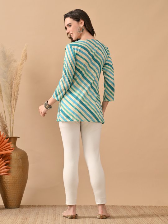 Teal Cambric Cotton Slanting Design Printed Kurti — alternate view