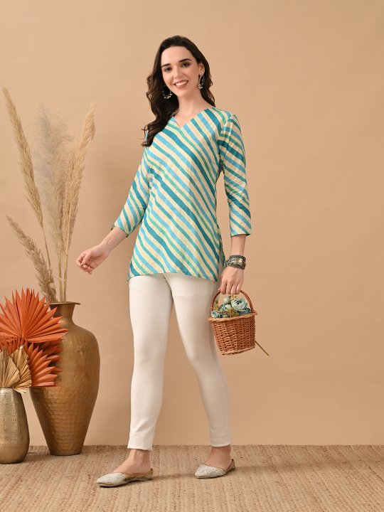 Teal Cambric Cotton Slanting Design Printed Kurti