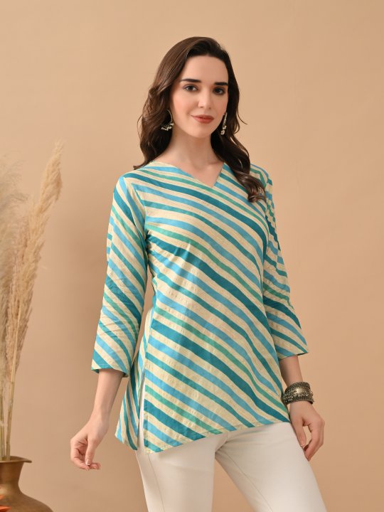 Teal Cambric Cotton Slanting Design Printed Kurti